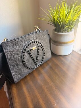 Valentino By Mario Valentino Black Pebbled Leather Studded V Crossbody Bag